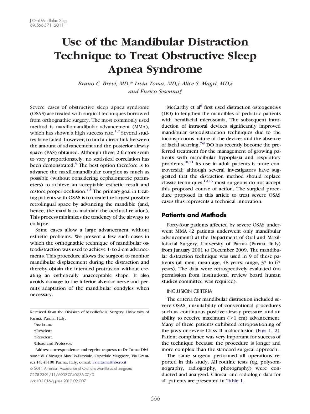 Use of the Mandibular Distraction Technique to Treat Obstructive Sleep Apnea Syndrome