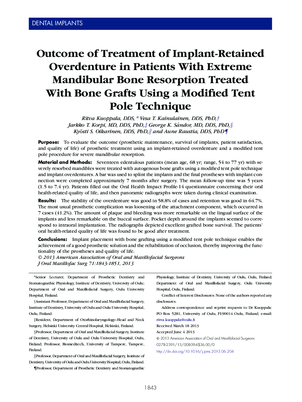 Outcome of Treatment of Implant-Retained Overdenture in Patients With Extreme Mandibular Bone Resorption Treated With Bone Grafts Using a Modified Tent Pole Technique 