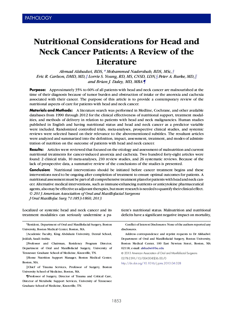 Nutritional Considerations for Head and Neck Cancer Patients: A Review of the Literature 