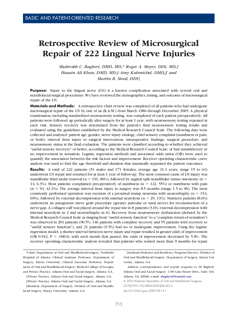 Retrospective Review of Microsurgical Repair of 222 Lingual Nerve Injuries