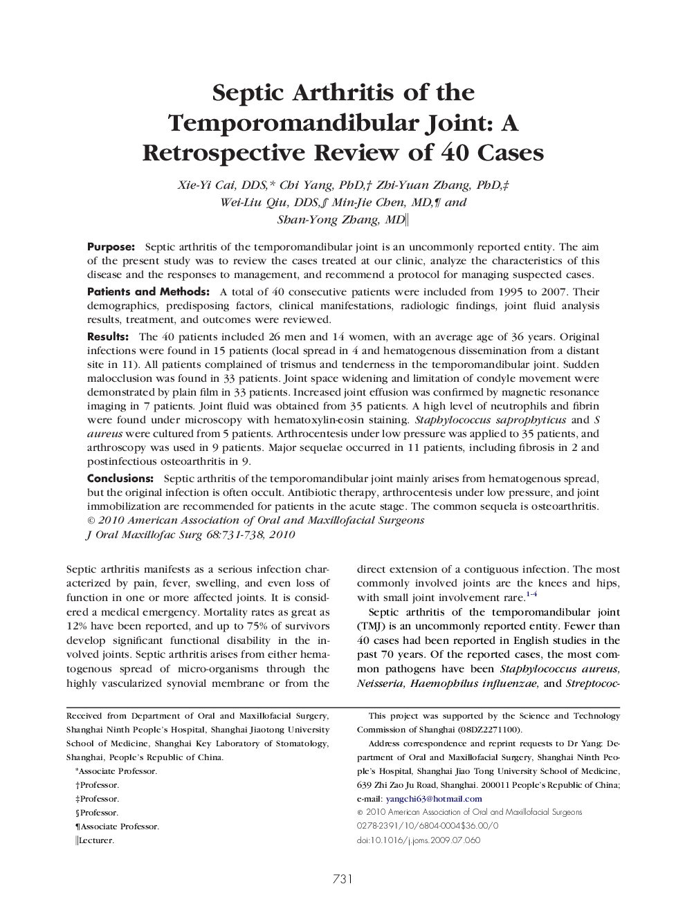 Septic Arthritis of the Temporomandibular Joint: A Retrospective Review of 40 Cases