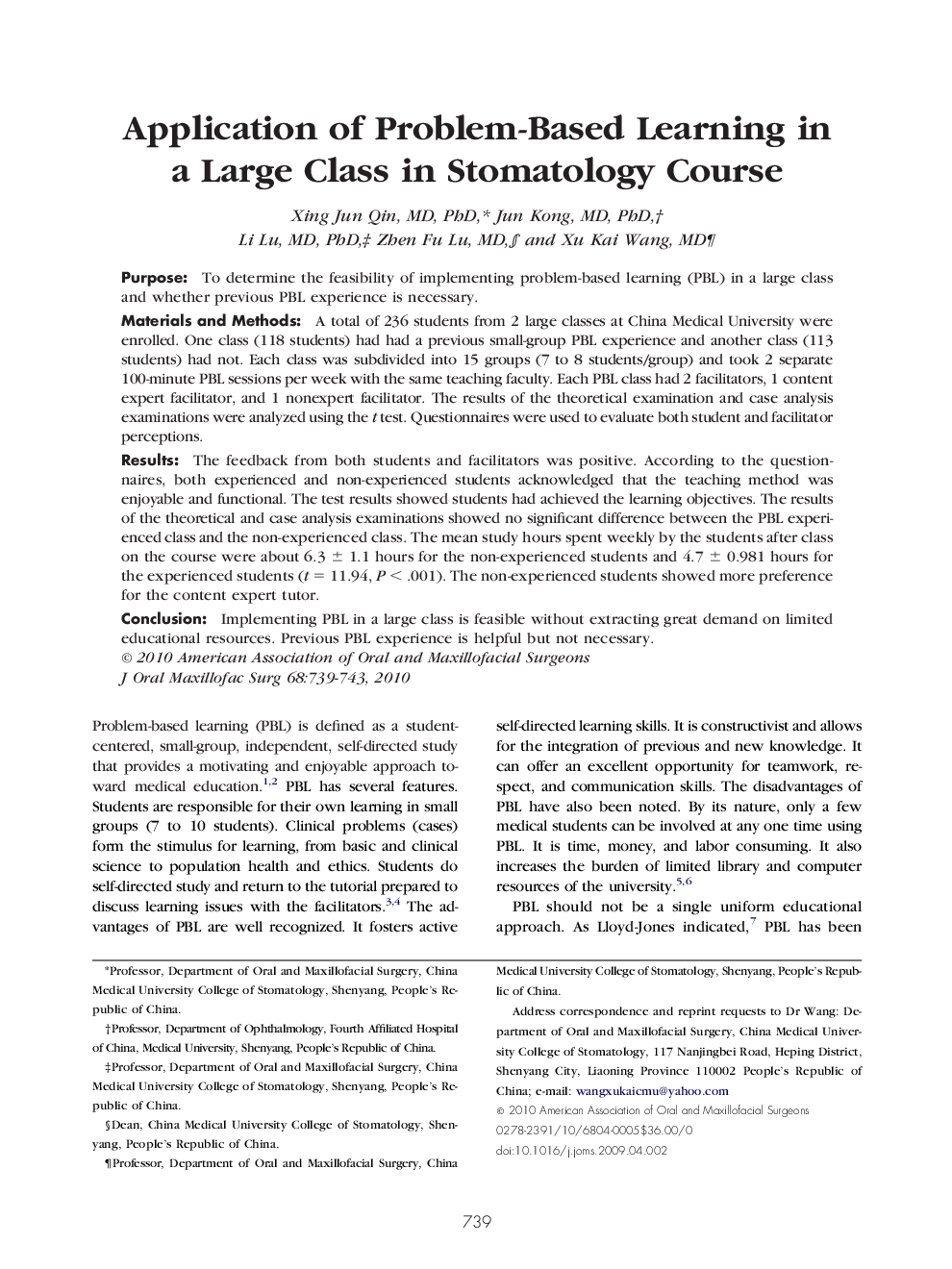 Application of Problem-Based Learning in a Large Class in Stomatology Course