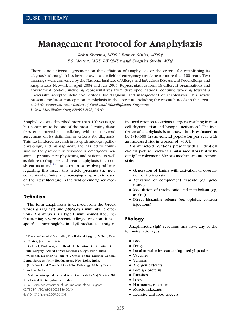 Management Protocol for Anaphylaxis