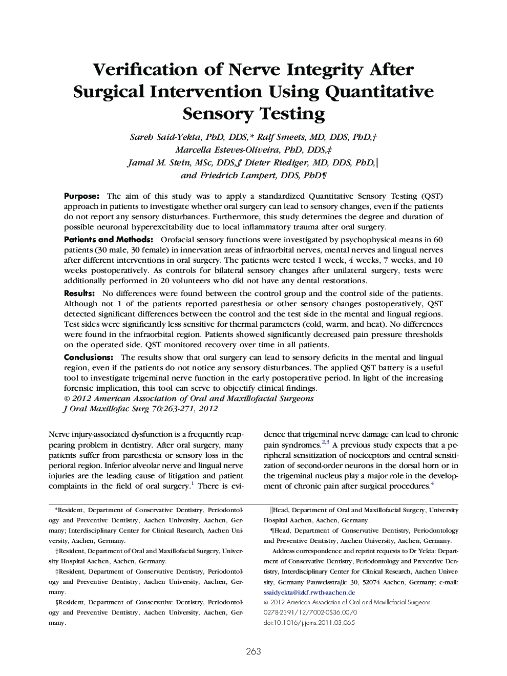 Verification of Nerve Integrity After Surgical Intervention Using Quantitative Sensory Testing