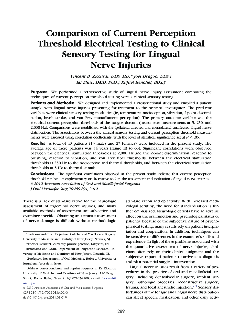 Comparison of Current Perception Threshold Electrical Testing to Clinical Sensory Testing for Lingual Nerve Injuries