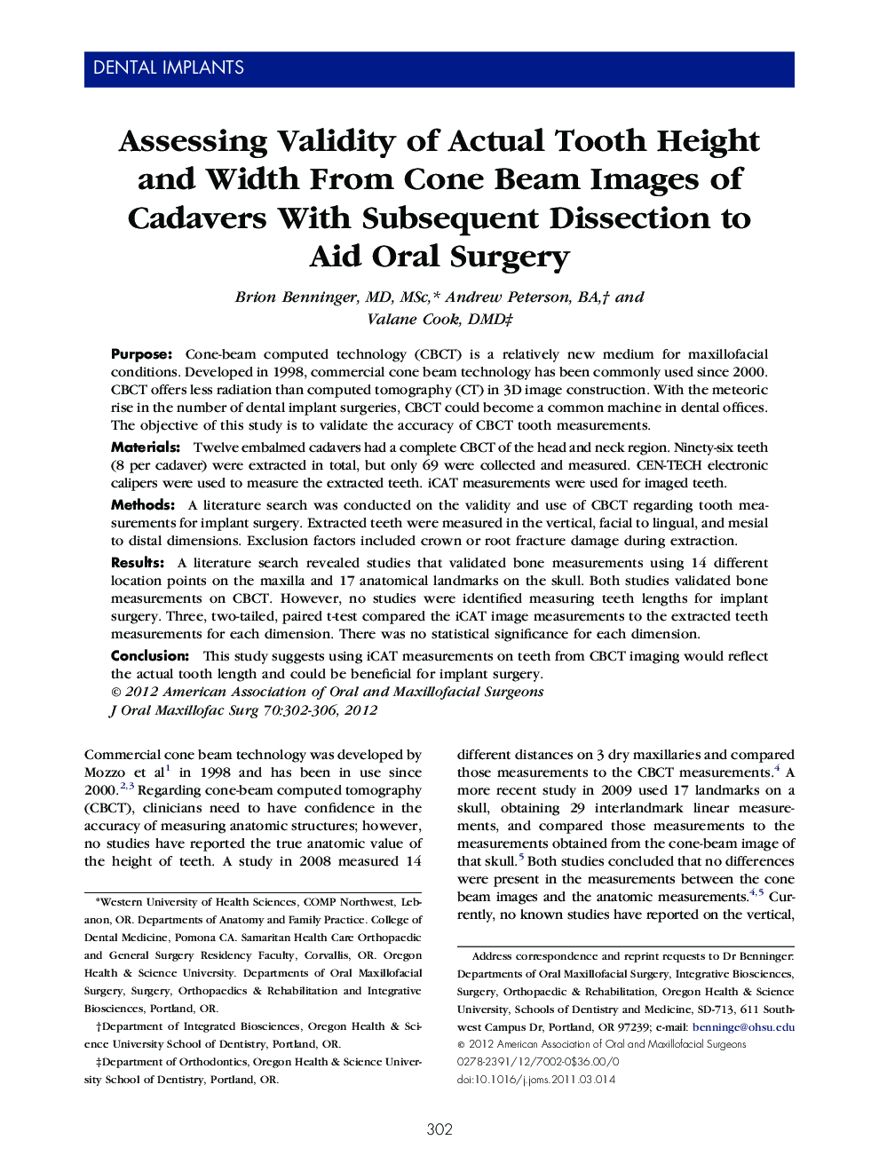 Assessing Validity of Actual Tooth Height and Width From Cone Beam Images of Cadavers With Subsequent Dissection to Aid Oral Surgery