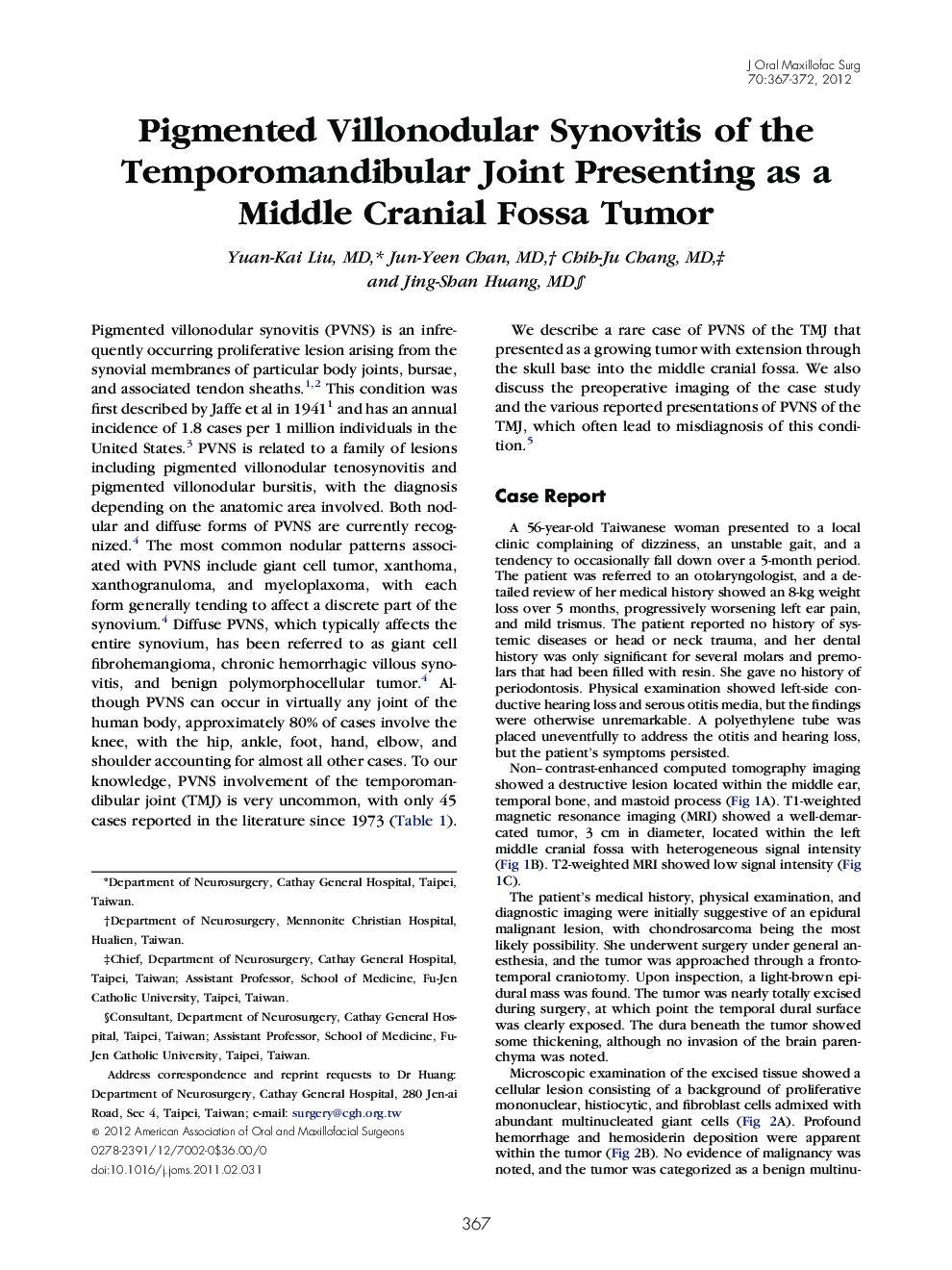 Pigmented Villonodular Synovitis of the Temporomandibular Joint Presenting as a Middle Cranial Fossa Tumor