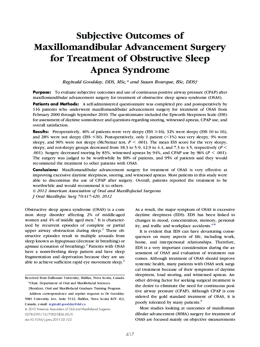 Subjective Outcomes of Maxillomandibular Advancement Surgery for Treatment of Obstructive Sleep Apnea Syndrome