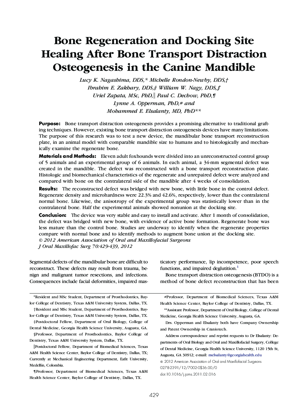 Bone Regeneration and Docking Site Healing After Bone Transport Distraction Osteogenesis in the Canine Mandible