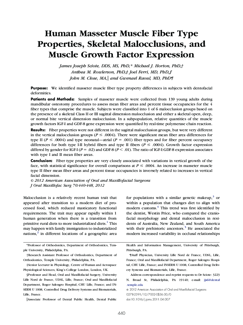 Human Masseter Muscle Fiber Type Properties, Skeletal Malocclusions, and Muscle Growth Factor Expression