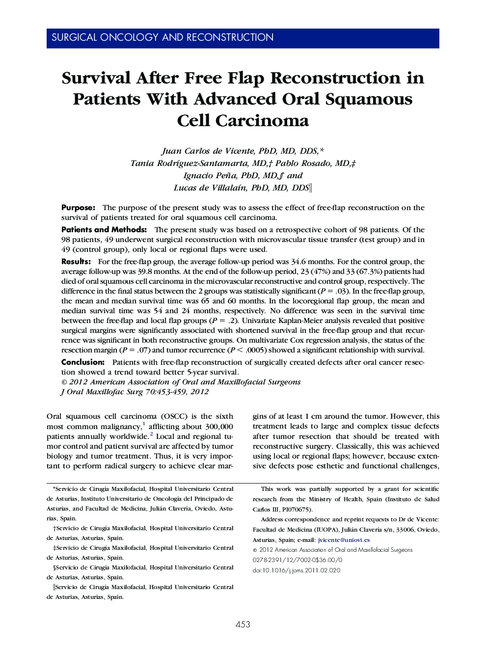 Survival After Free Flap Reconstruction in Patients With Advanced Oral Squamous Cell Carcinoma