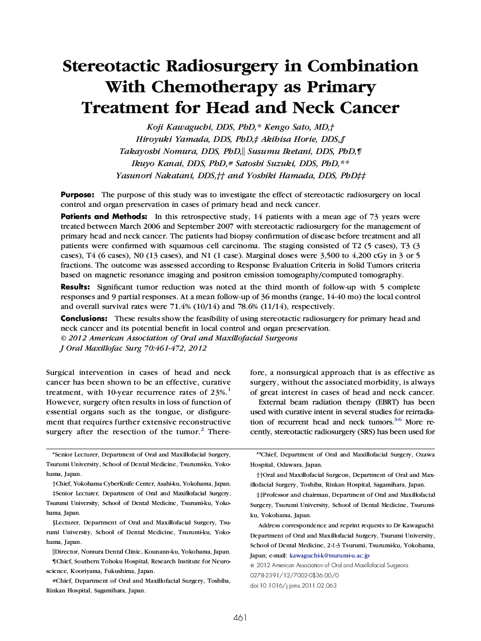 Stereotactic Radiosurgery in Combination With Chemotherapy as Primary Treatment for Head and Neck Cancer