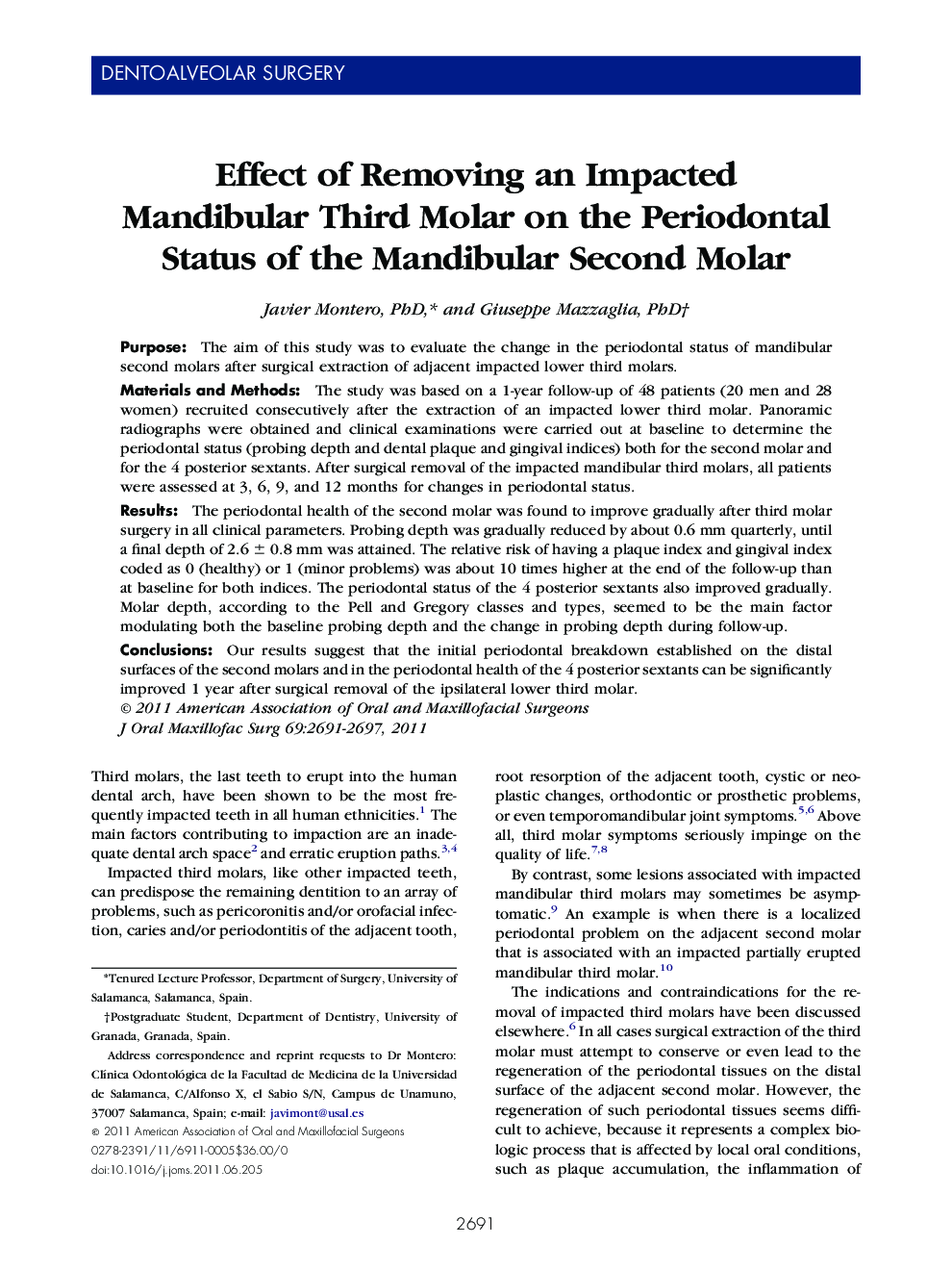 عکس صفحه اول مقاله: Effect of Removing an Impacted Mandibular Third Molar on the Periodontal Status of the Mandibular Second Molar Effect of Removing an Impacted Mandibular Third Molar on the Periodontal Status of the Mandibular Second Molar