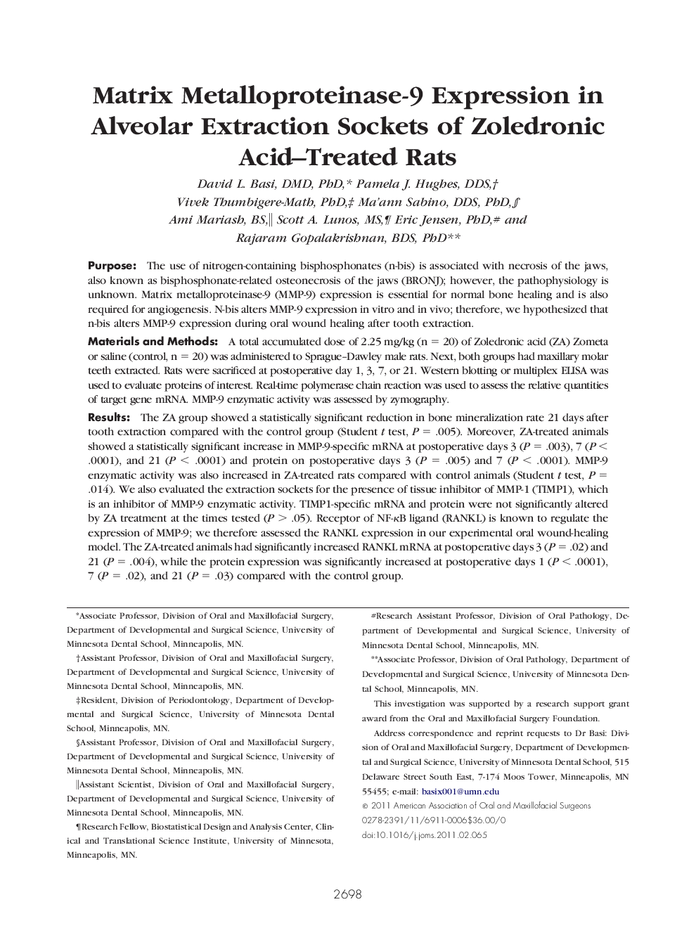 عکس صفحه اول مقاله: Matrix Metalloproteinase-9 Expression in Alveolar Extraction Sockets of Zoledronic Acid-Treated Rats Matrix Metalloproteinase-9 Expression in Alveolar Extraction Sockets of Zoledronic Acid-Treated Rats