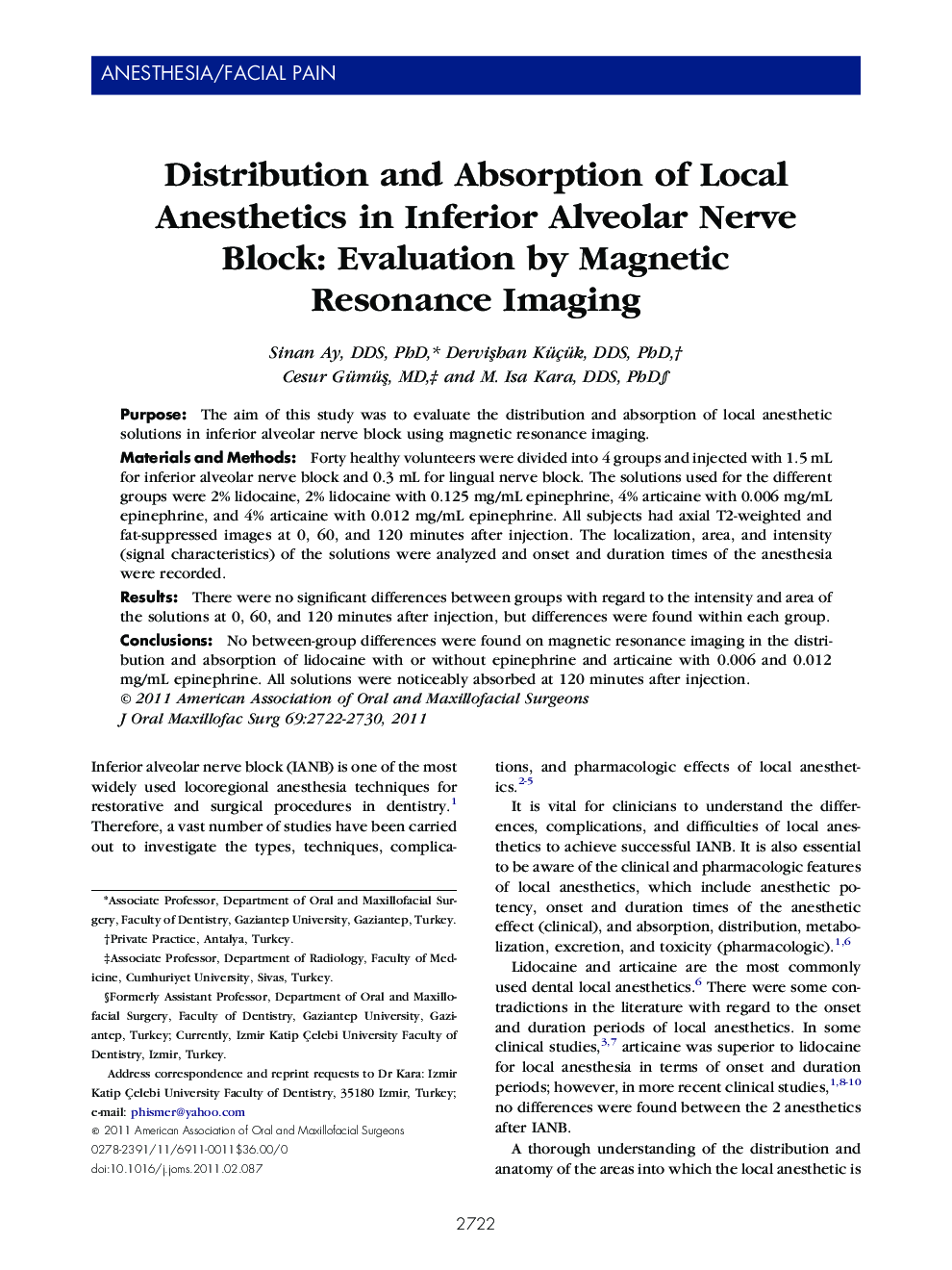 Distribution and Absorption of Local Anesthetics in Inferior Alveolar Nerve Block: Evaluation by Magnetic Resonance Imaging