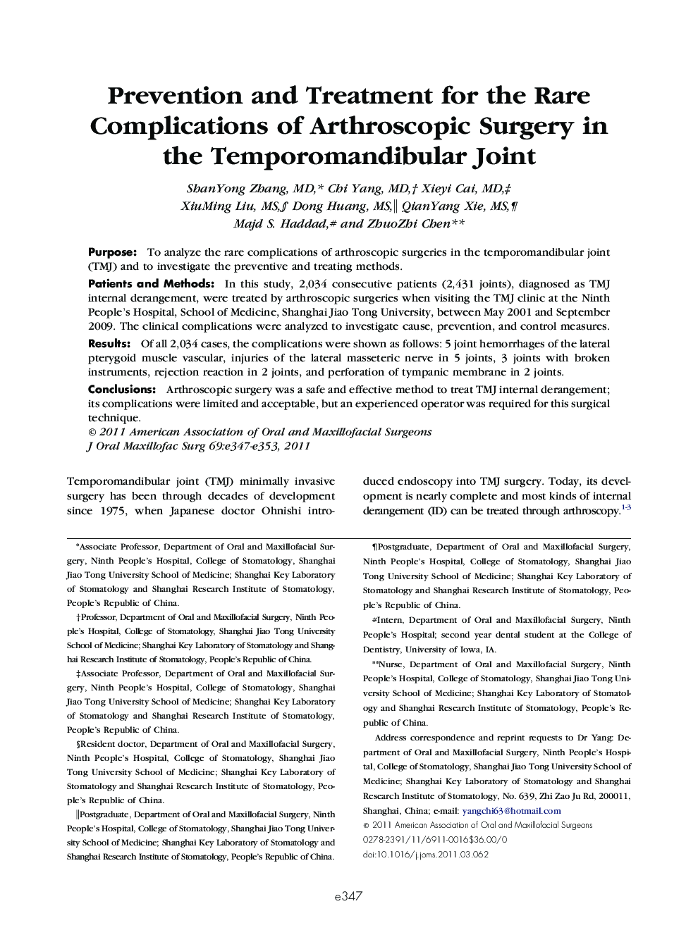 عکس صفحه اول مقاله: Prevention and Treatment for the Rare Complications of Arthroscopic Surgery in the Temporomandibular Joint Prevention and Treatment for the Rare Complications of Arthroscopic Surgery in the Temporomandibular Joint