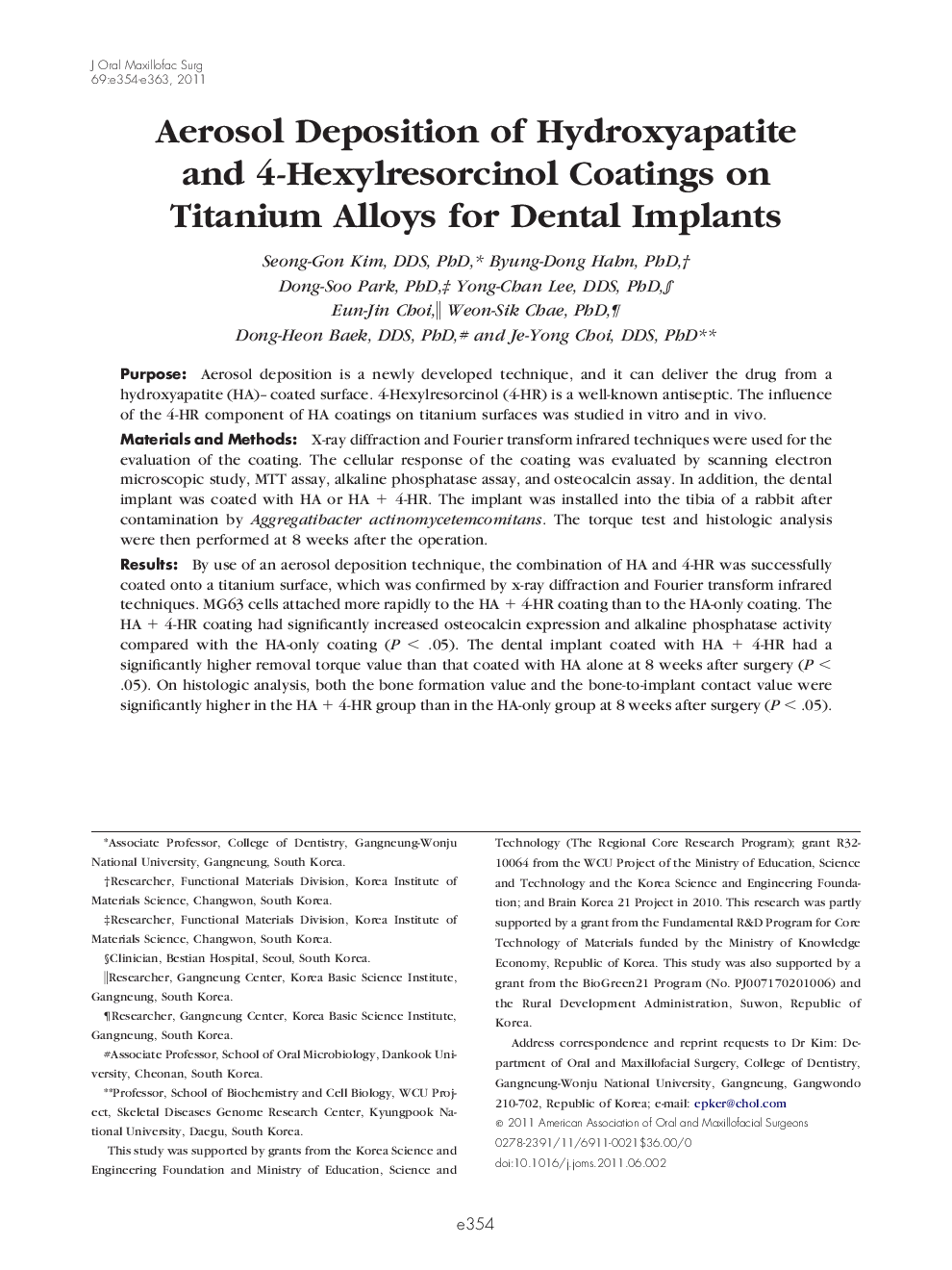 عکس صفحه اول مقاله: Aerosol Deposition of Hydroxyapatite and 4-Hexylresorcinol Coatings on Titanium Alloys for Dental Implants Aerosol Deposition of Hydroxyapatite and 4-Hexylresorcinol Coatings on Titanium Alloys for Dental Implants