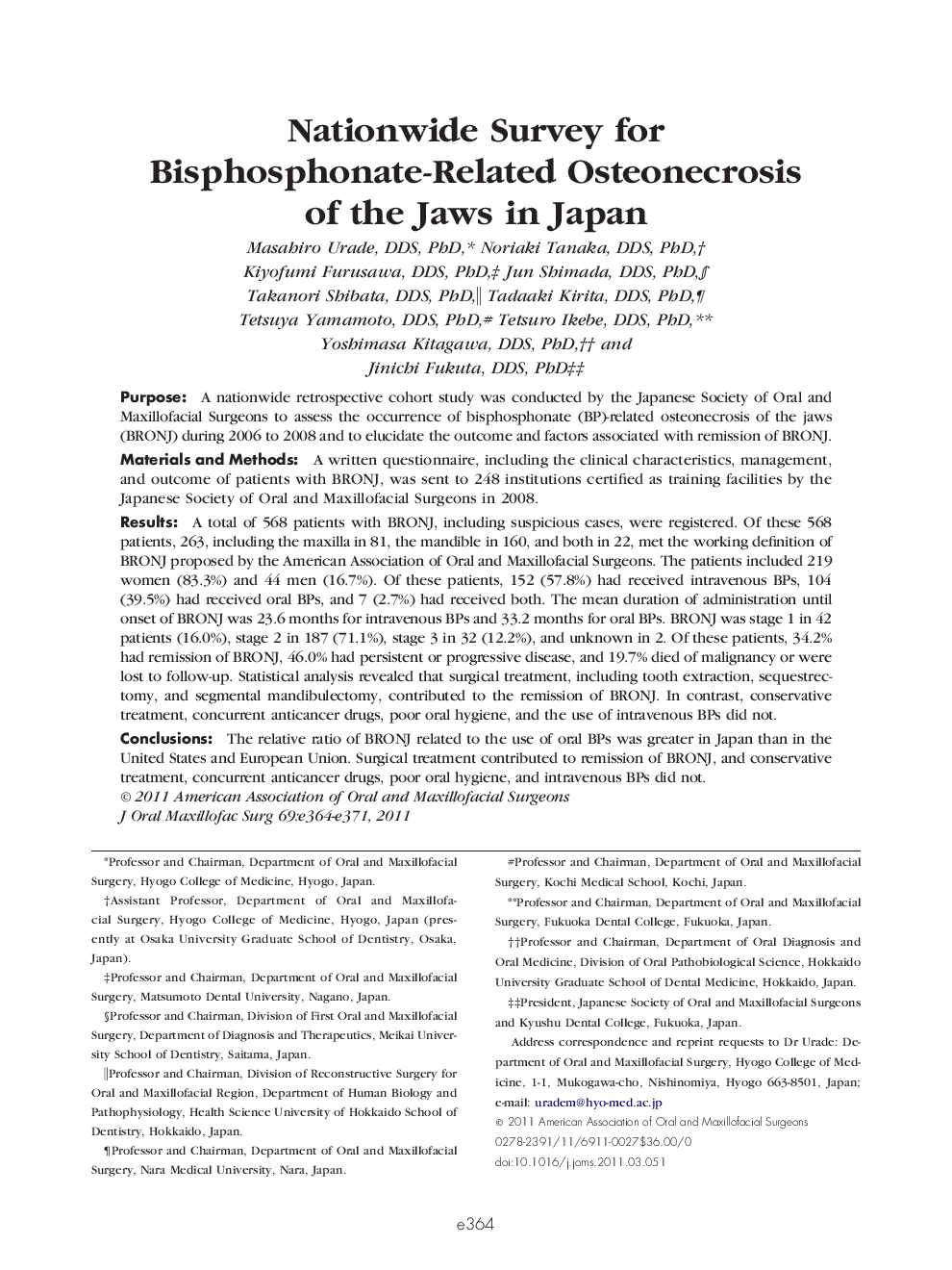 Nationwide Survey for Bisphosphonate-Related Osteonecrosis of the Jaws in Japan