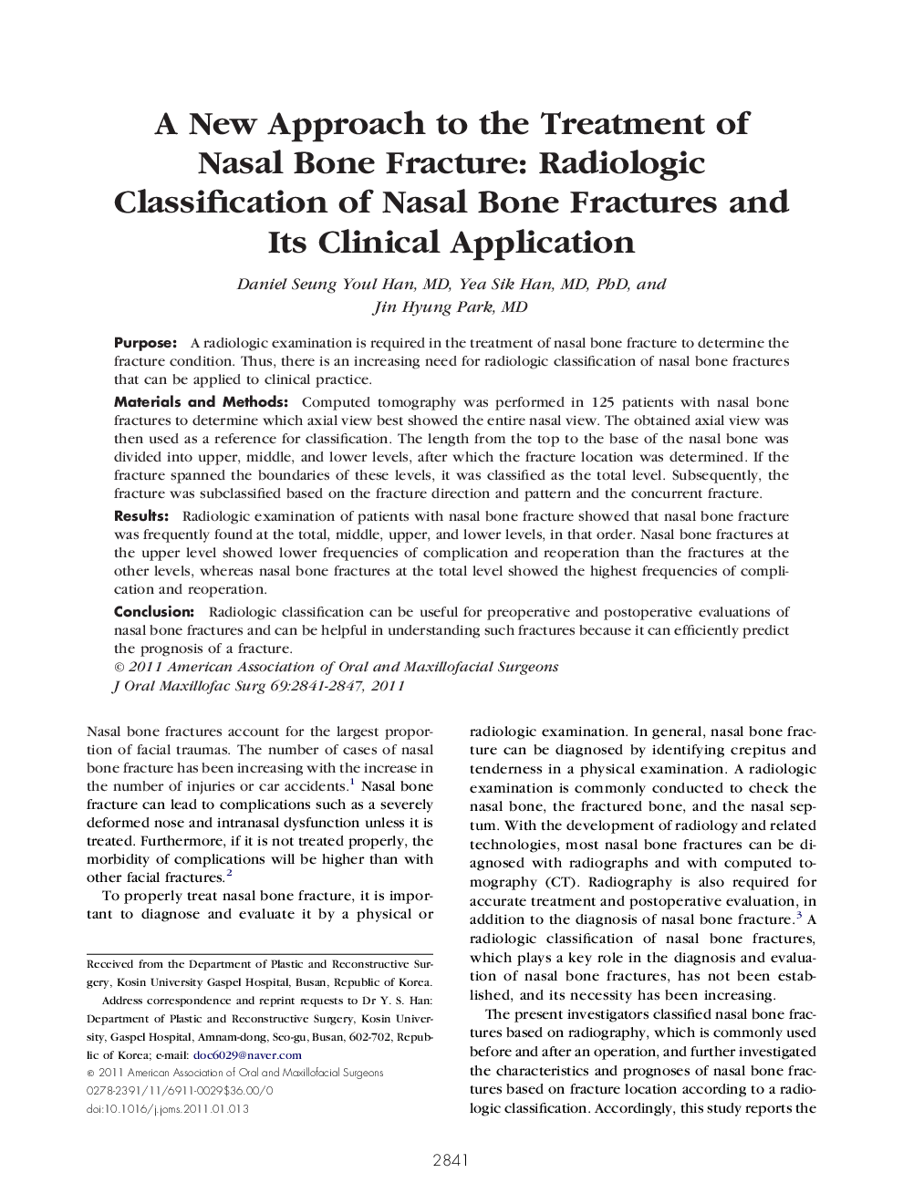 A New Approach to the Treatment of Nasal Bone Fracture: Radiologic Classification of Nasal Bone Fractures and Its Clinical Application