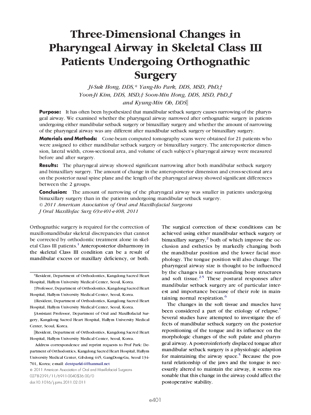 عکس صفحه اول مقاله: Three-Dimensional Changes in Pharyngeal Airway in Skeletal Class III Patients Undergoing Orthognathic Surgery Three-Dimensional Changes in Pharyngeal Airway in Skeletal Class III Patients Undergoing Orthognathic Surgery