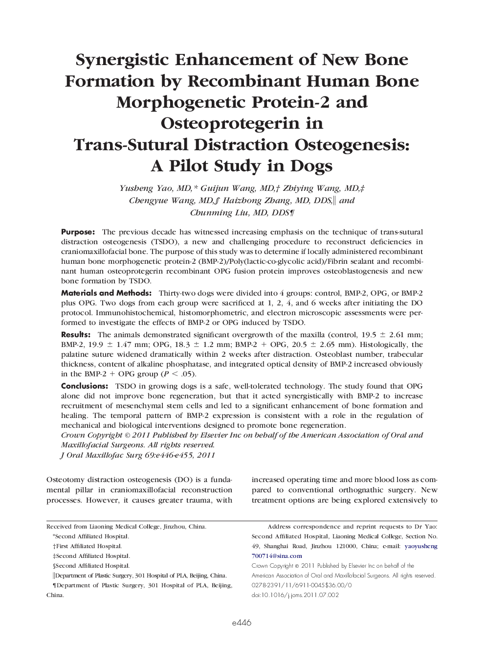 عکس صفحه اول مقاله: Synergistic Enhancement of New Bone Formation by Recombinant Human Bone Morphogenetic Protein-2 and Osteoprotegerin in Trans-Sutural Distraction Osteogenesis: A Pilot Study in Dogs Synergistic Enhancement of New Bone Formation by Recombinant Human Bone Morphogenetic Protein-2 and Osteoprotegerin in Trans-Sutural Distraction Osteogenesis: A Pilot Study in Dogs