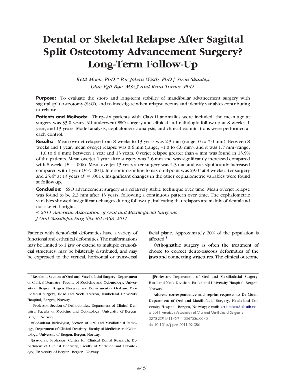 عکس صفحه اول مقاله: Dental or Skeletal Relapse After Sagittal Split Osteotomy Advancement Surgery? Long-Term Follow-Up Dental or Skeletal Relapse After Sagittal Split Osteotomy Advancement Surgery? Long-Term Follow-Up