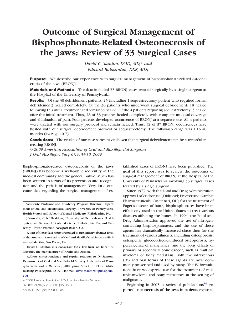 Outcome of Surgical Management of Bisphosphonate-Related Osteonecrosis of the Jaws: Review of 33 Surgical Cases 