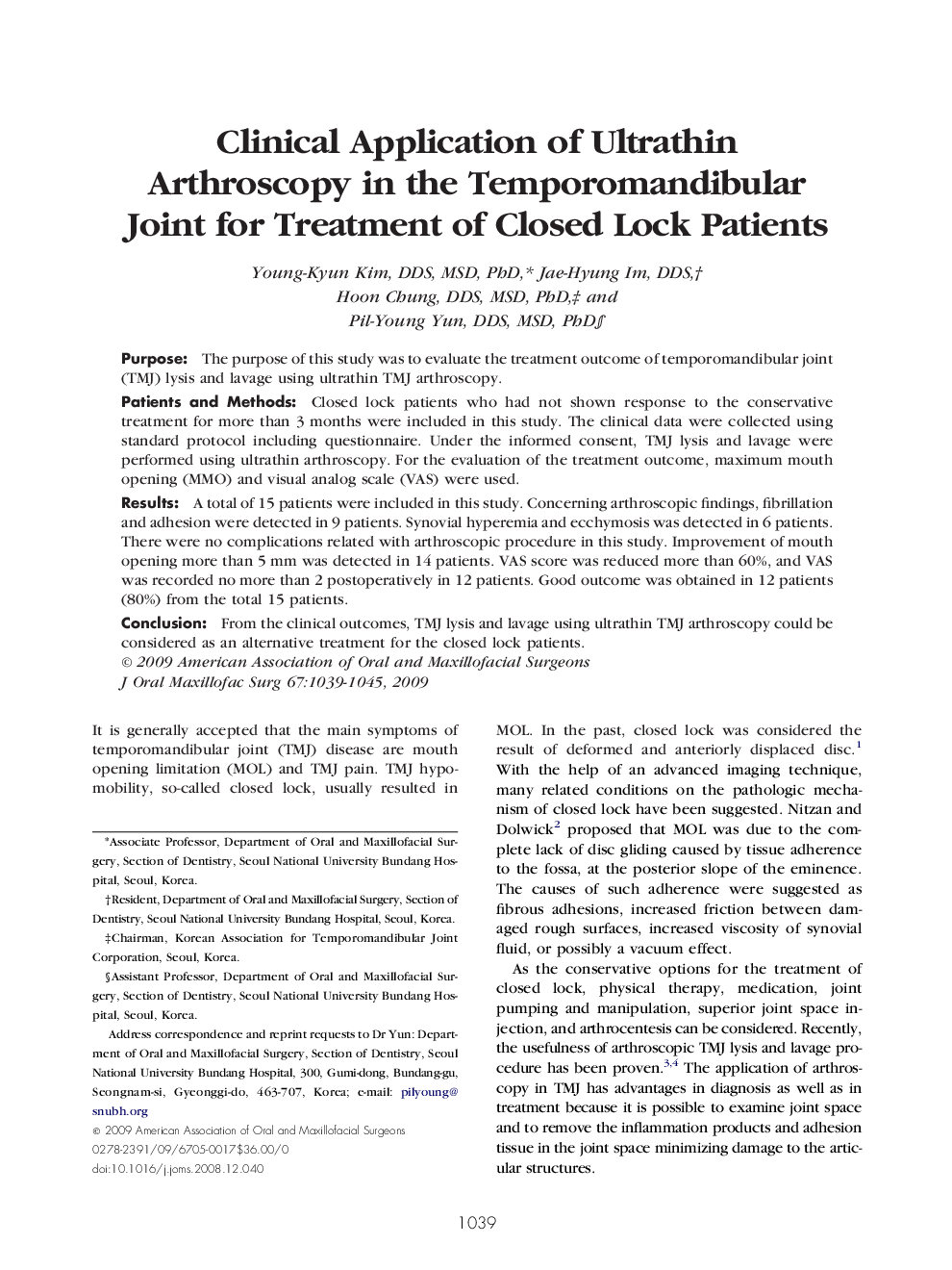 Clinical Application of Ultrathin Arthroscopy in the Temporomandibular Joint for Treatment of Closed Lock Patients