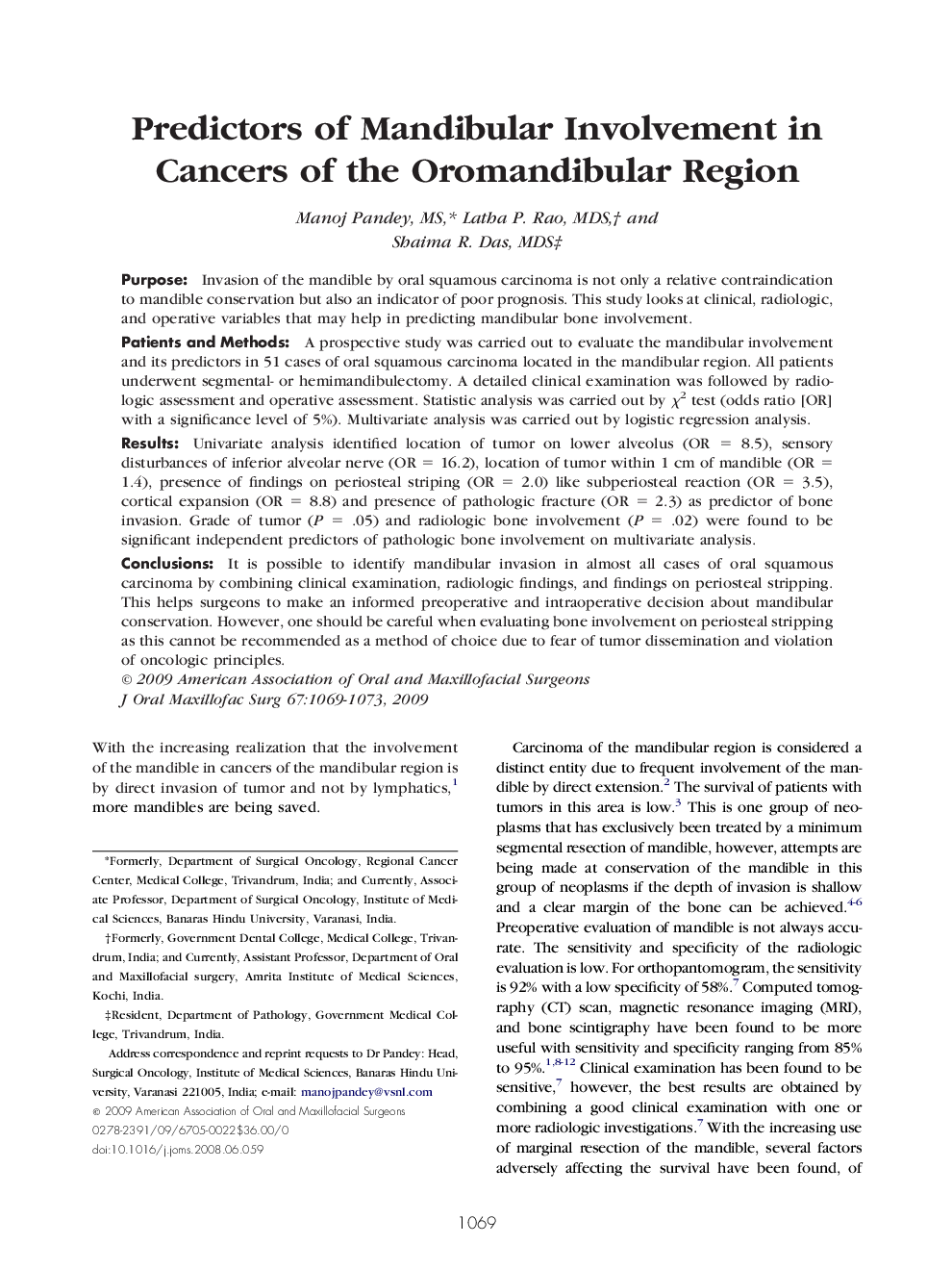 Predictors of Mandibular Involvement in Cancers of the Oromandibular Region