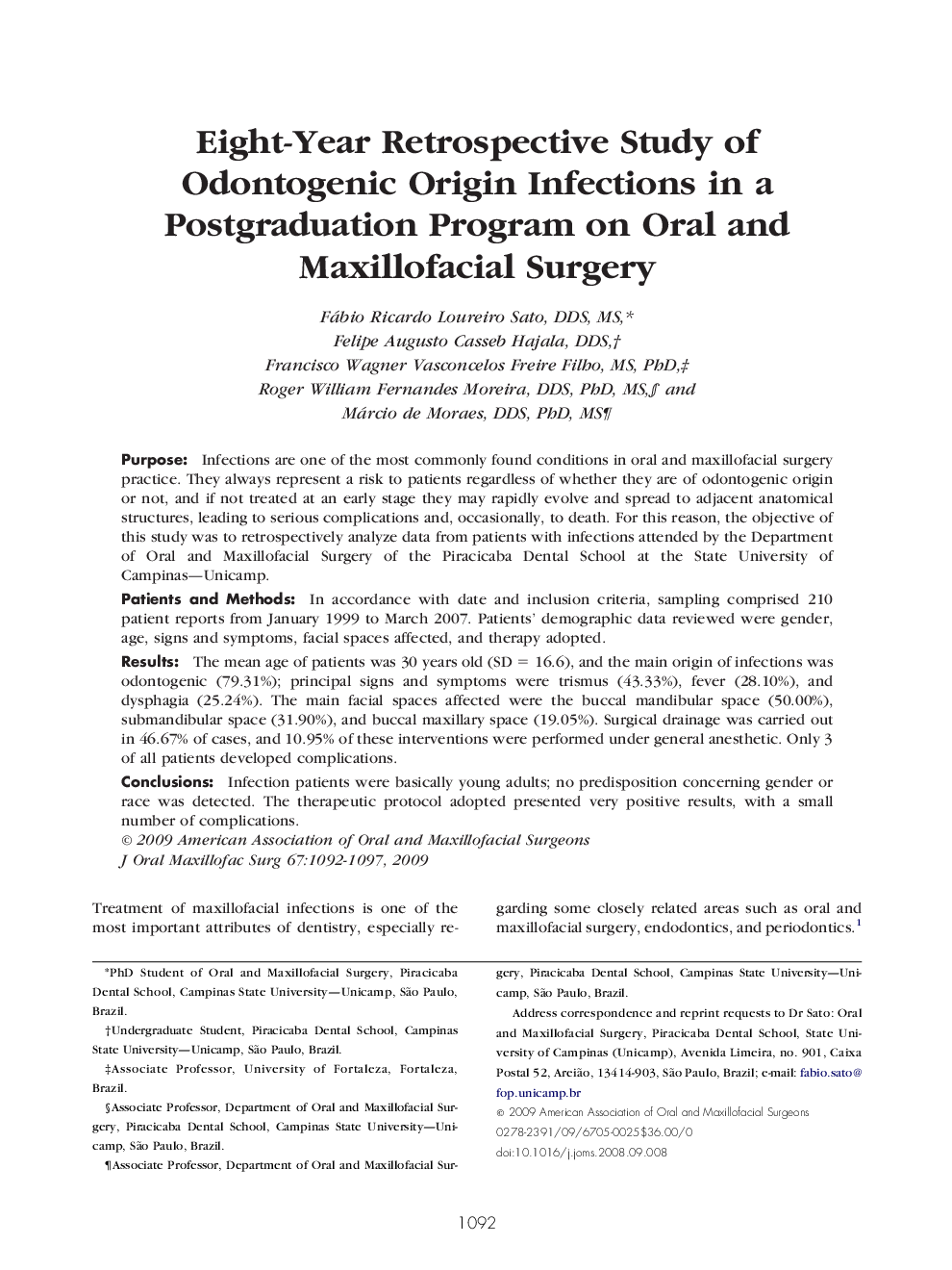Eight-Year Retrospective Study of Odontogenic Origin Infections in a Postgraduation Program on Oral and Maxillofacial Surgery