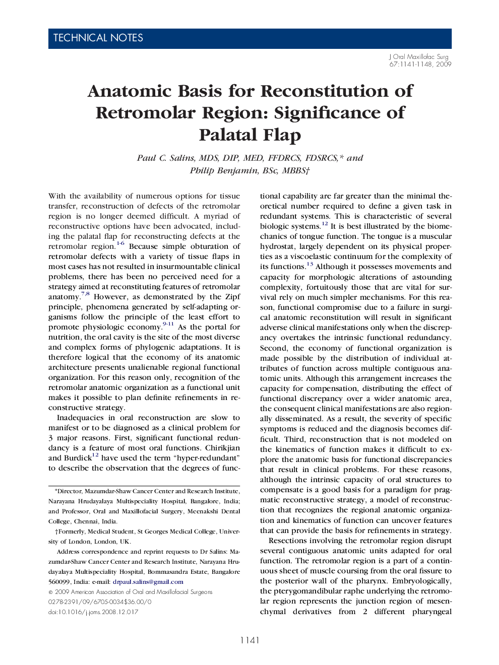 Anatomic Basis for Reconstitution of Retromolar Region: Significance of Palatal Flap