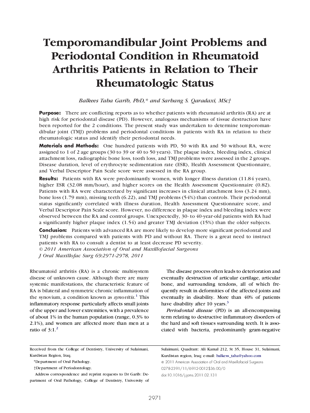 Temporomandibular Joint Problems and Periodontal Condition in Rheumatoid Arthritis Patients in Relation to Their Rheumatologic Status