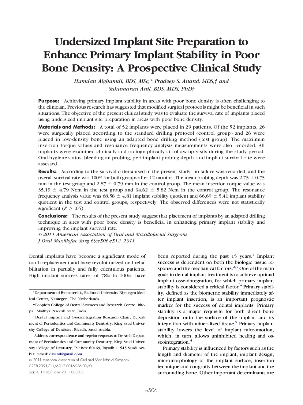 Undersized Implant Site Preparation to Enhance Primary Implant Stability in Poor Bone Density: A Prospective Clinical Study