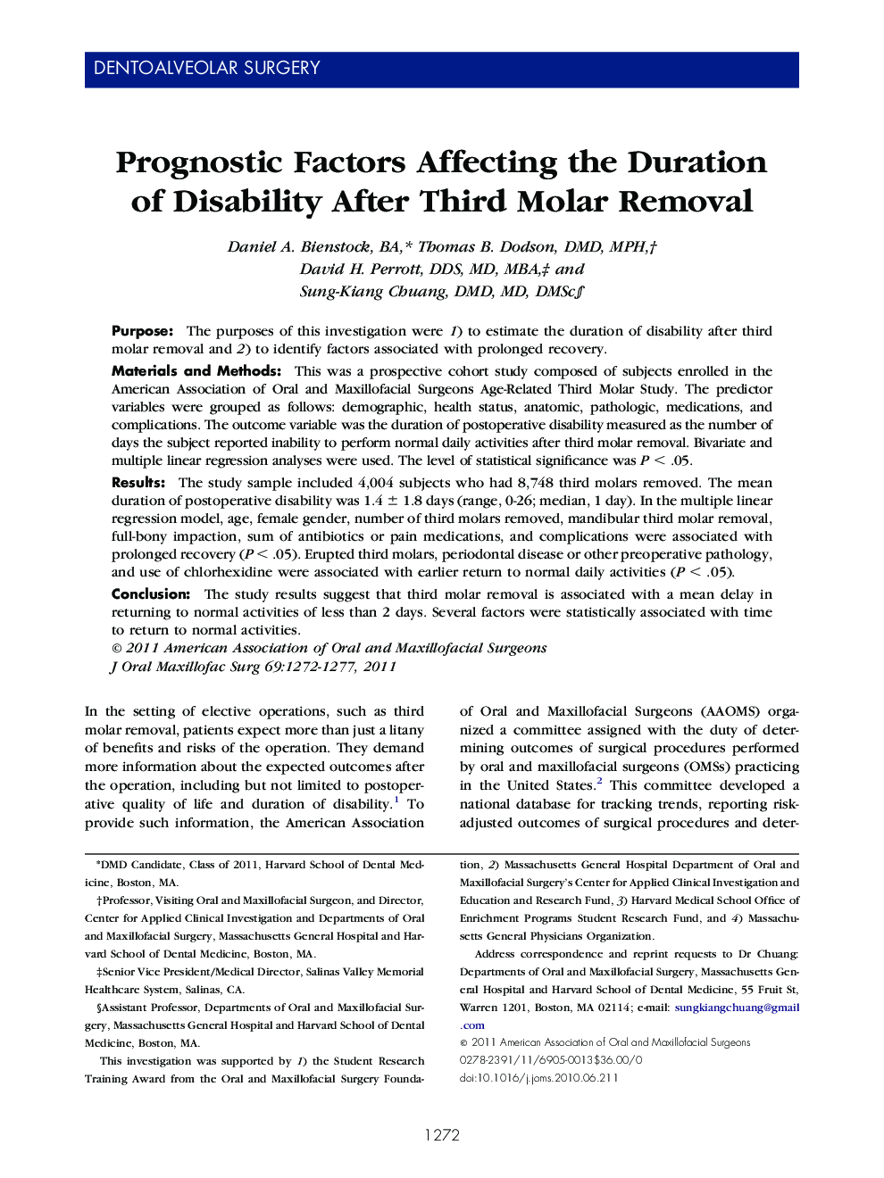 Prognostic Factors Affecting the Duration of Disability After Third Molar Removal 