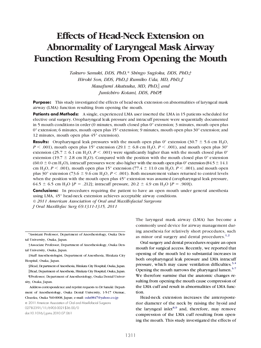 Effects of Head-Neck Extension on Abnormality of Laryngeal Mask Airway Function Resulting From Opening the Mouth