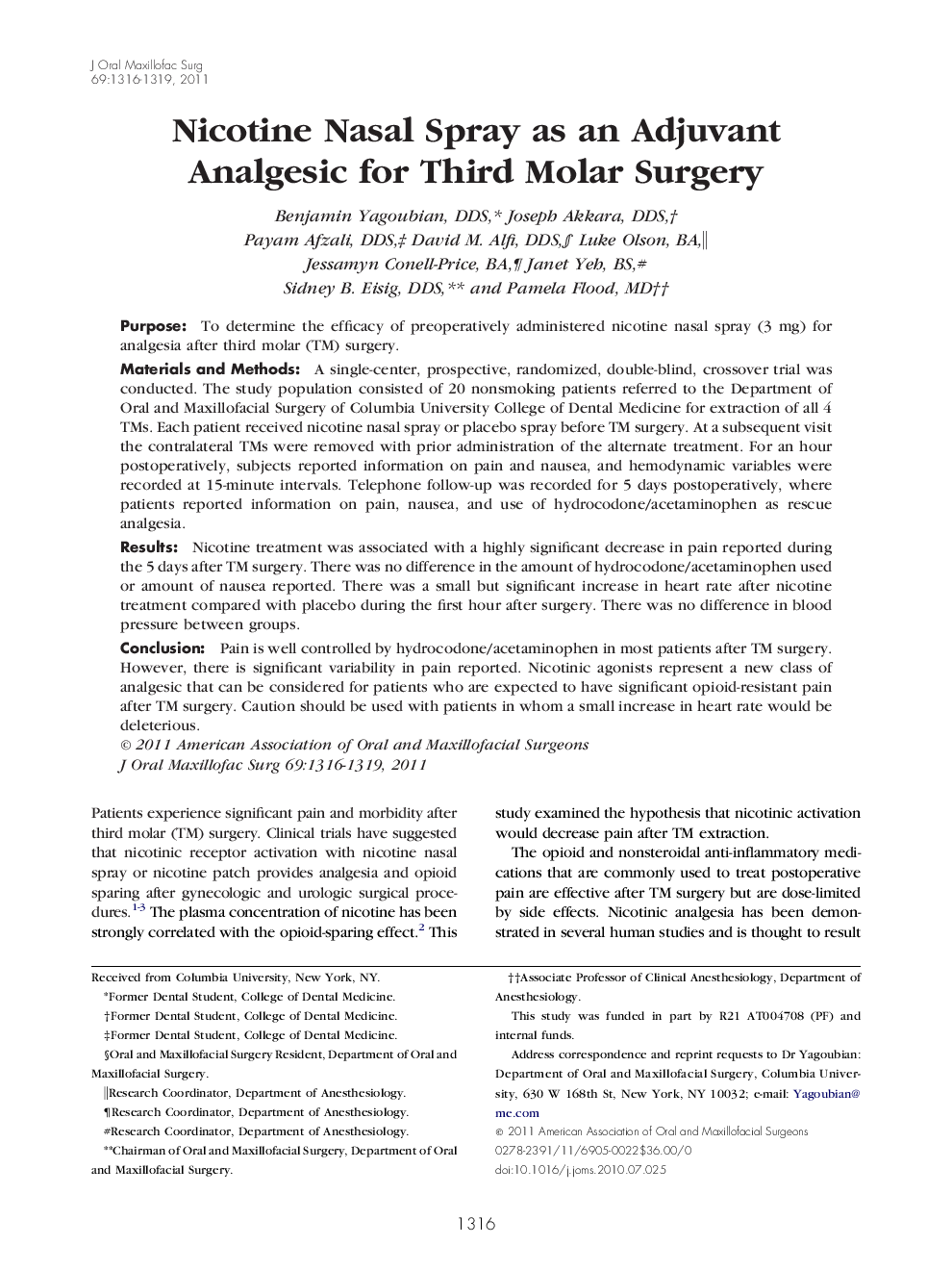 Nicotine Nasal Spray as an Adjuvant Analgesic for Third Molar Surgery 