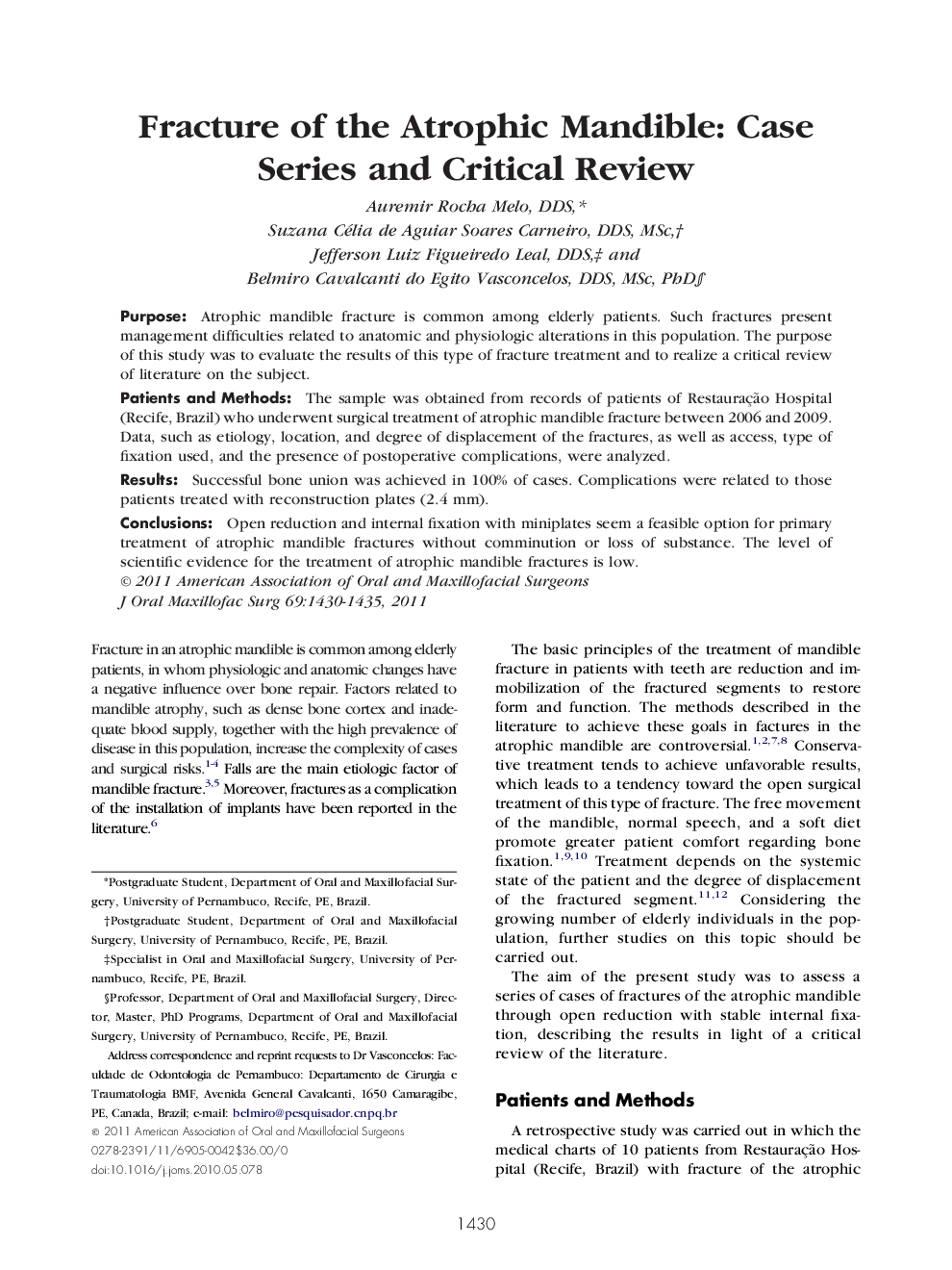 Fracture of the Atrophic Mandible: Case Series and Critical Review