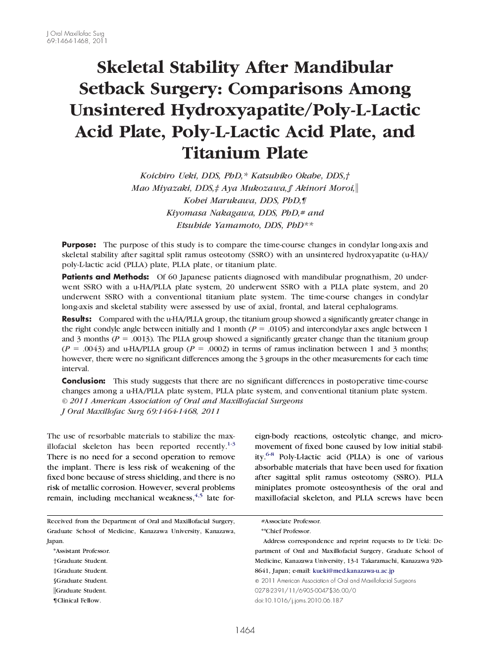 Skeletal Stability After Mandibular Setback Surgery: Comparisons Among Unsintered Hydroxyapatite/Poly-L-Lactic Acid Plate, Poly-L-Lactic Acid Plate, and Titanium Plate