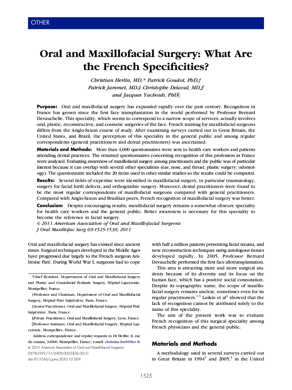 Oral and Maxillofacial Surgery: What Are the French Specificities?