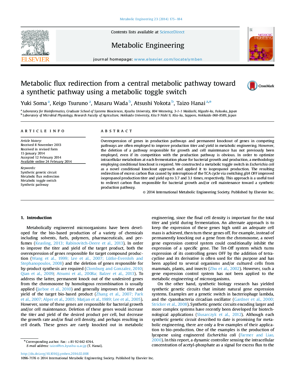 Metabolic flux redirection from a central metabolic pathway toward a synthetic pathway using a metabolic toggle switch