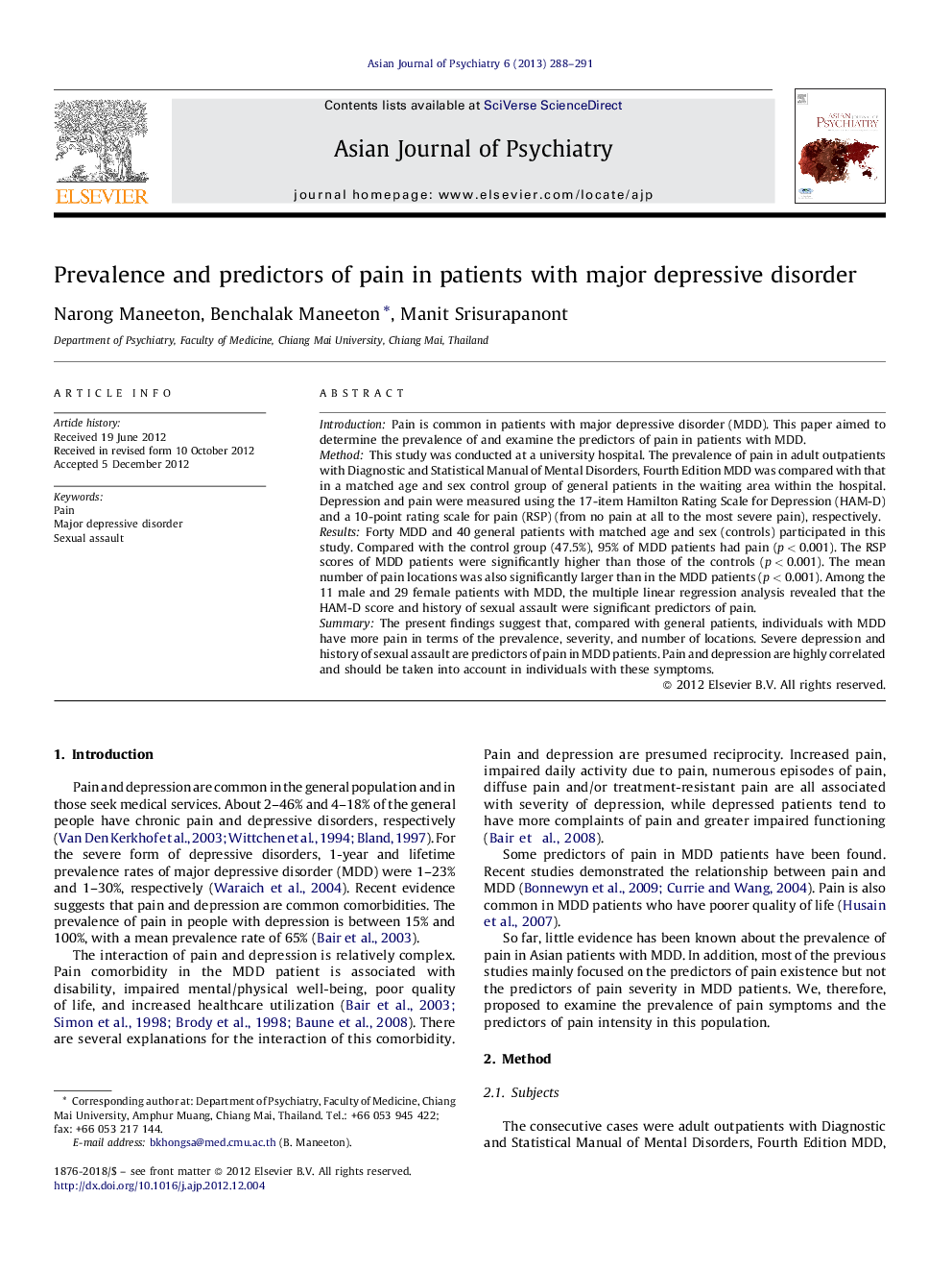 Prevalence and predictors of pain in patients with major depressive disorder