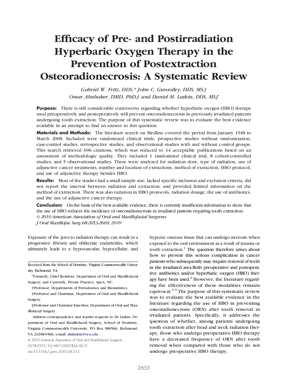 عکس صفحه اول مقاله: Efficacy of Pre- and Postirradiation Hyperbaric Oxygen Therapy in the Prevention of Postextraction Osteoradionecrosis: A Systematic Review Efficacy of Pre- and Postirradiation Hyperbaric Oxygen Therapy in the Prevention of Postextraction Osteoradionecrosis: A Systematic Review
