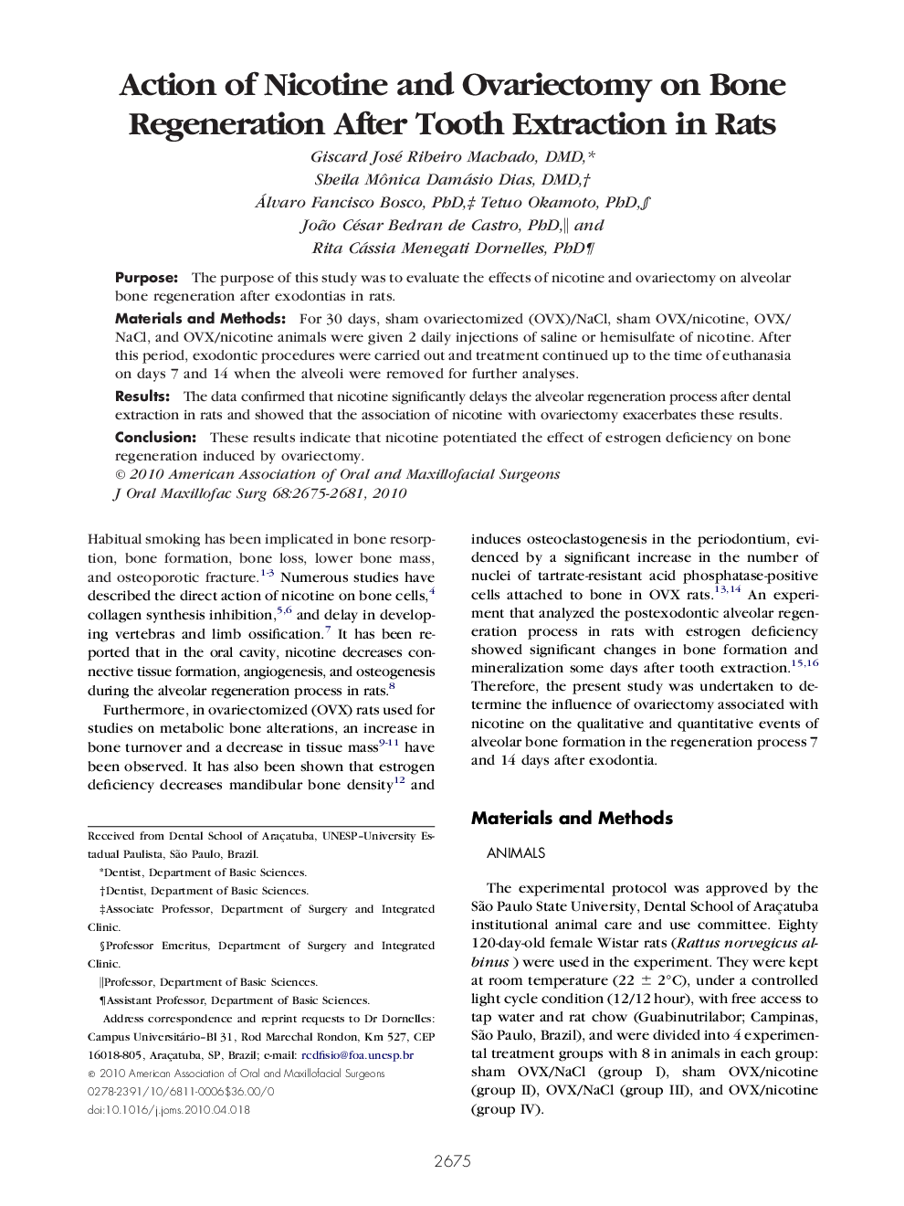 Action of Nicotine and Ovariectomy on Bone Regeneration After Tooth Extraction in Rats