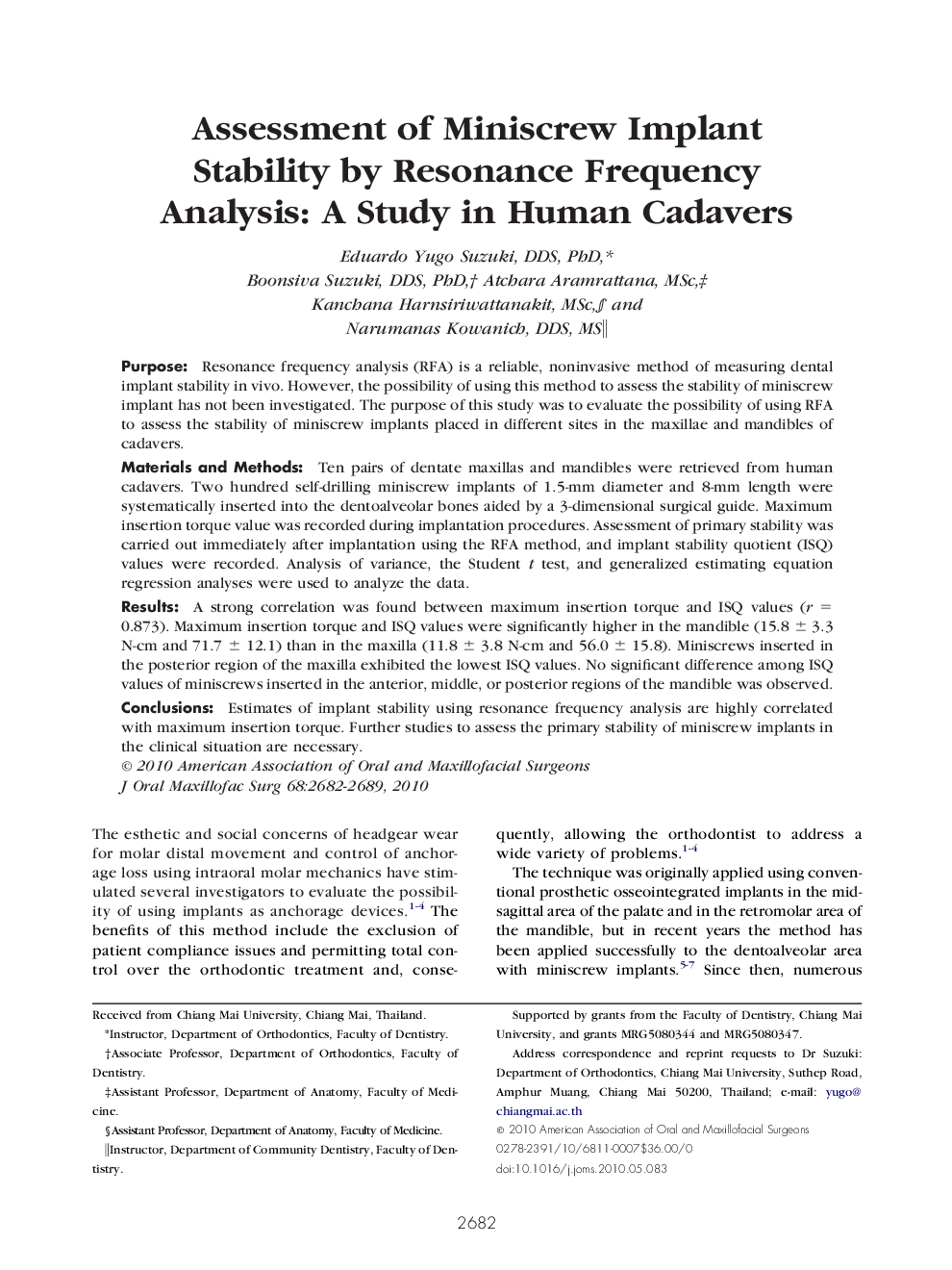 عکس صفحه اول مقاله: Assessment of Miniscrew Implant Stability by Resonance Frequency Analysis: A Study in Human Cadavers Assessment of Miniscrew Implant Stability by Resonance Frequency Analysis: A Study in Human Cadavers