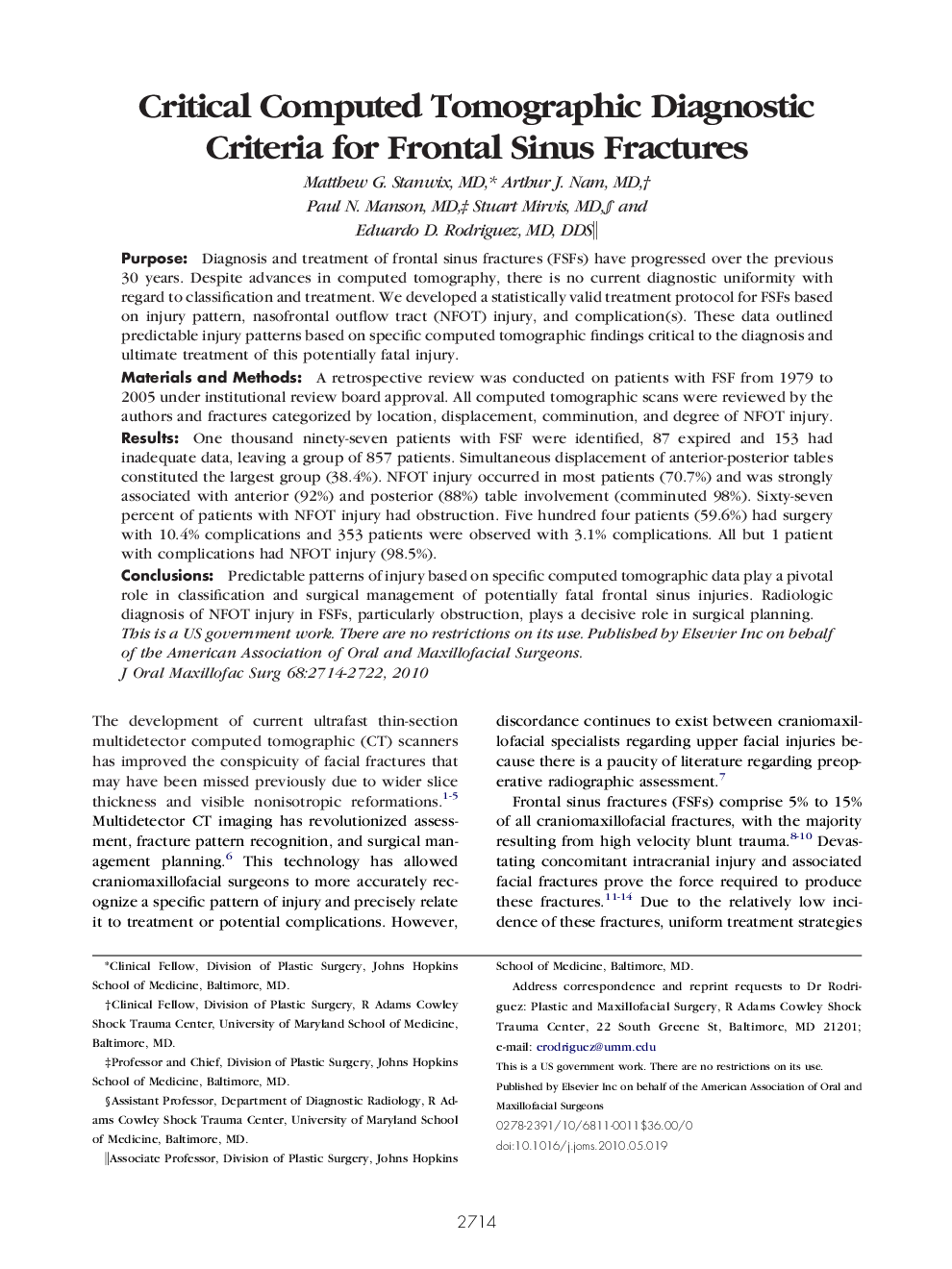 عکس صفحه اول مقاله: Critical Computed Tomographic Diagnostic Criteria for Frontal Sinus Fractures Critical Computed Tomographic Diagnostic Criteria for Frontal Sinus Fractures