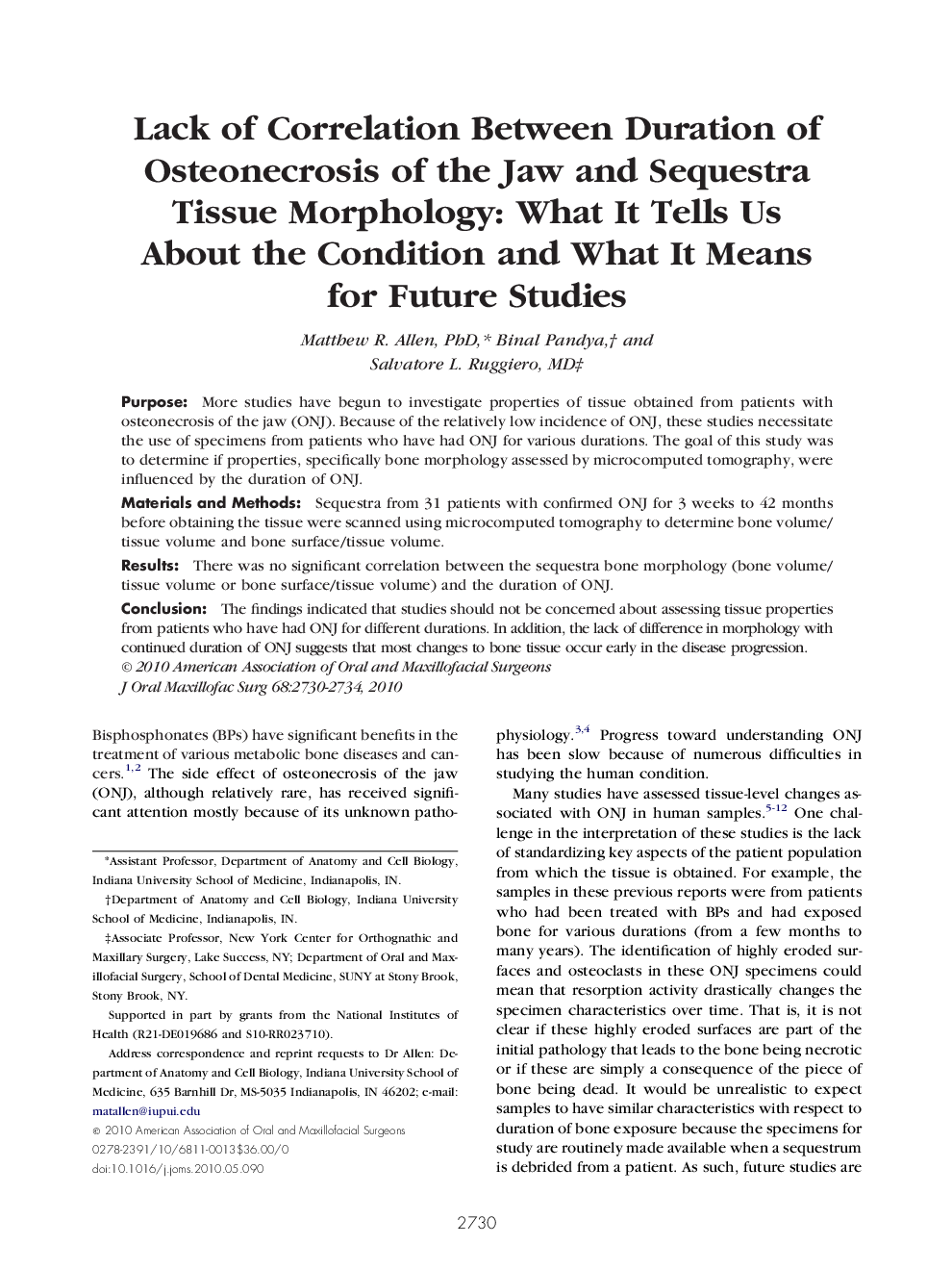 عکس صفحه اول مقاله: Lack of Correlation Between Duration of Osteonecrosis of the Jaw and Sequestra Tissue Morphology: What It Tells Us About the Condition and What It Means for Future Studies Lack of Correlation Between Duration of Osteonecrosis of the Jaw and Sequestra Tissue Morphology: What It Tells Us About the Condition and What It Means for Future Studies