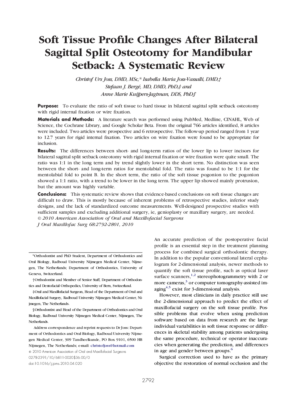 Soft Tissue Profile Changes After Bilateral Sagittal Split Osteotomy for Mandibular Setback: A Systematic Review