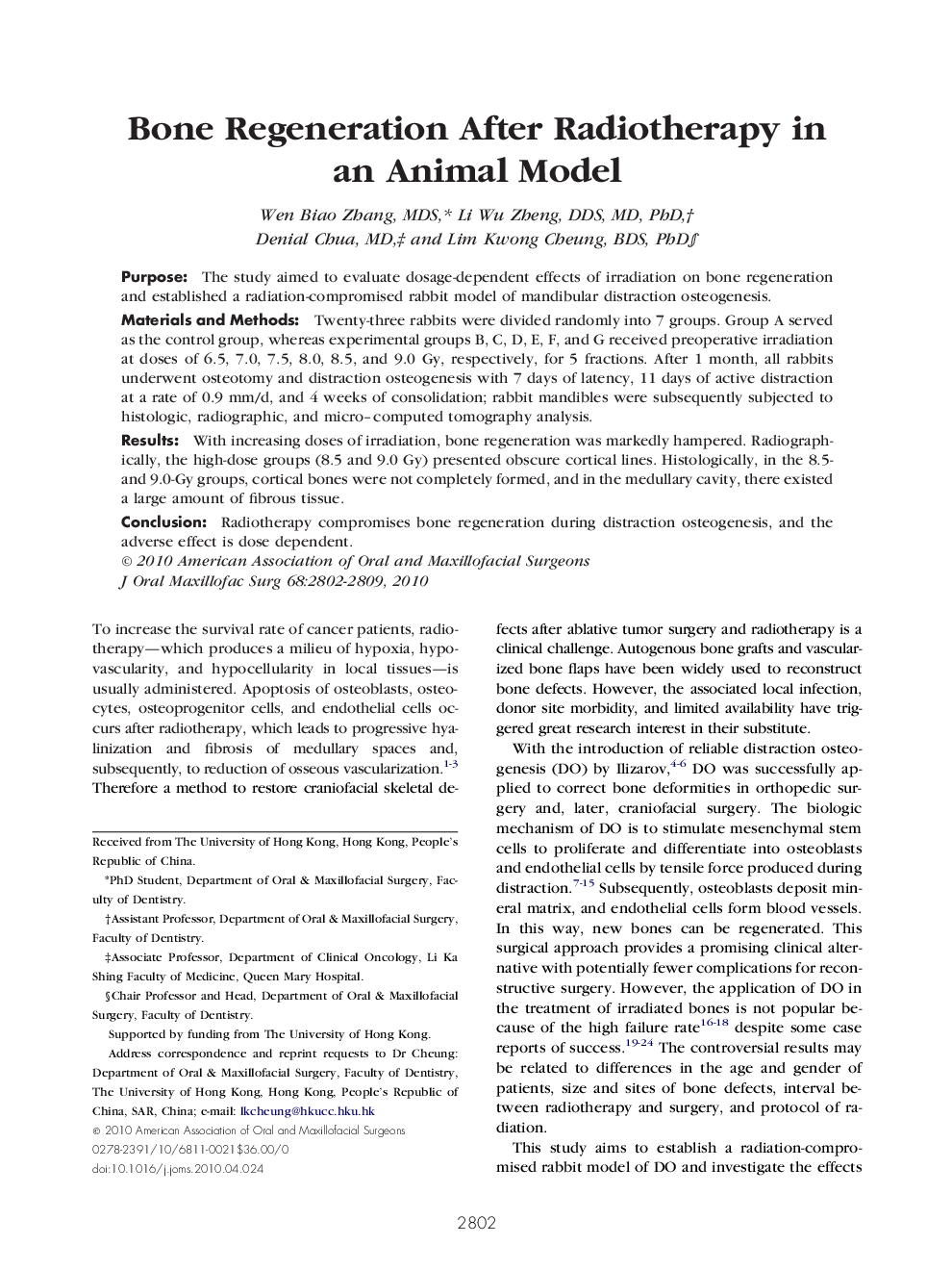 Bone Regeneration After Radiotherapy in an Animal Model