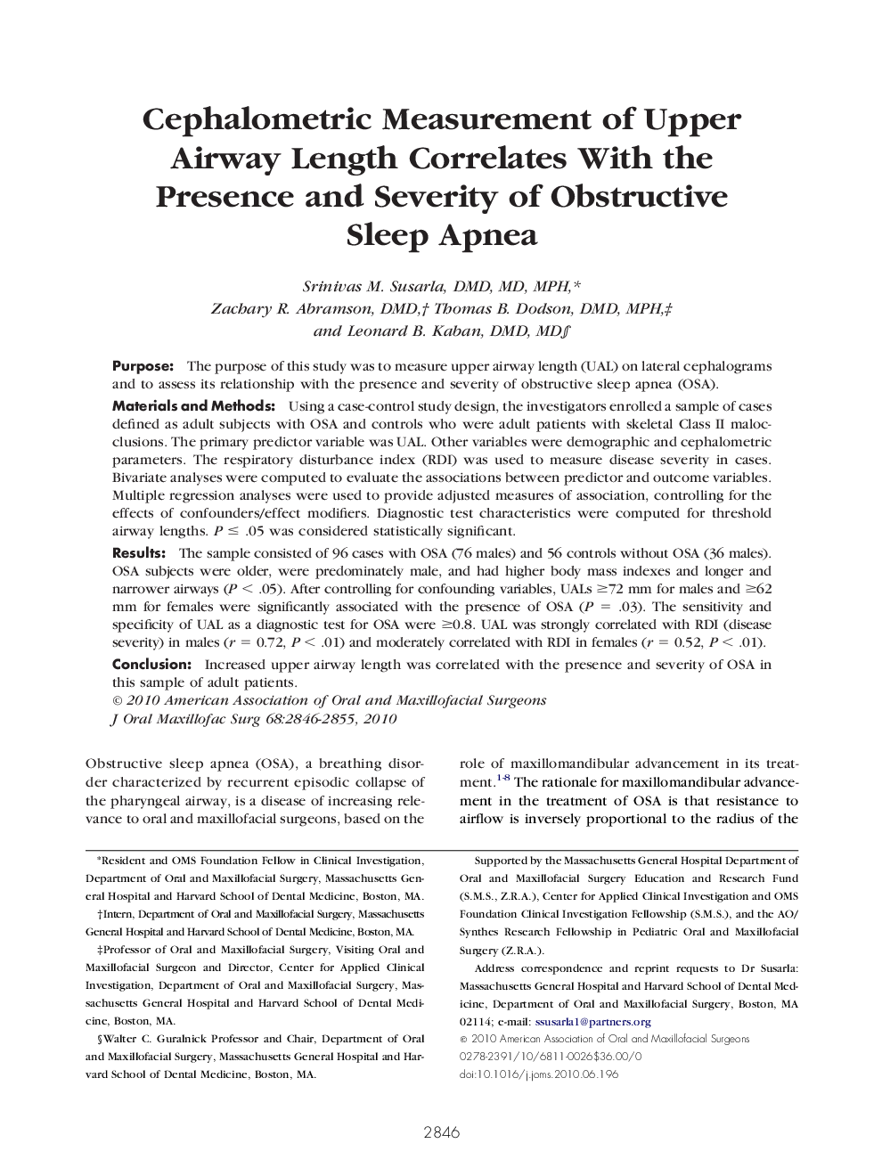Cephalometric Measurement of Upper Airway Length Correlates With the Presence and Severity of Obstructive Sleep Apnea 
