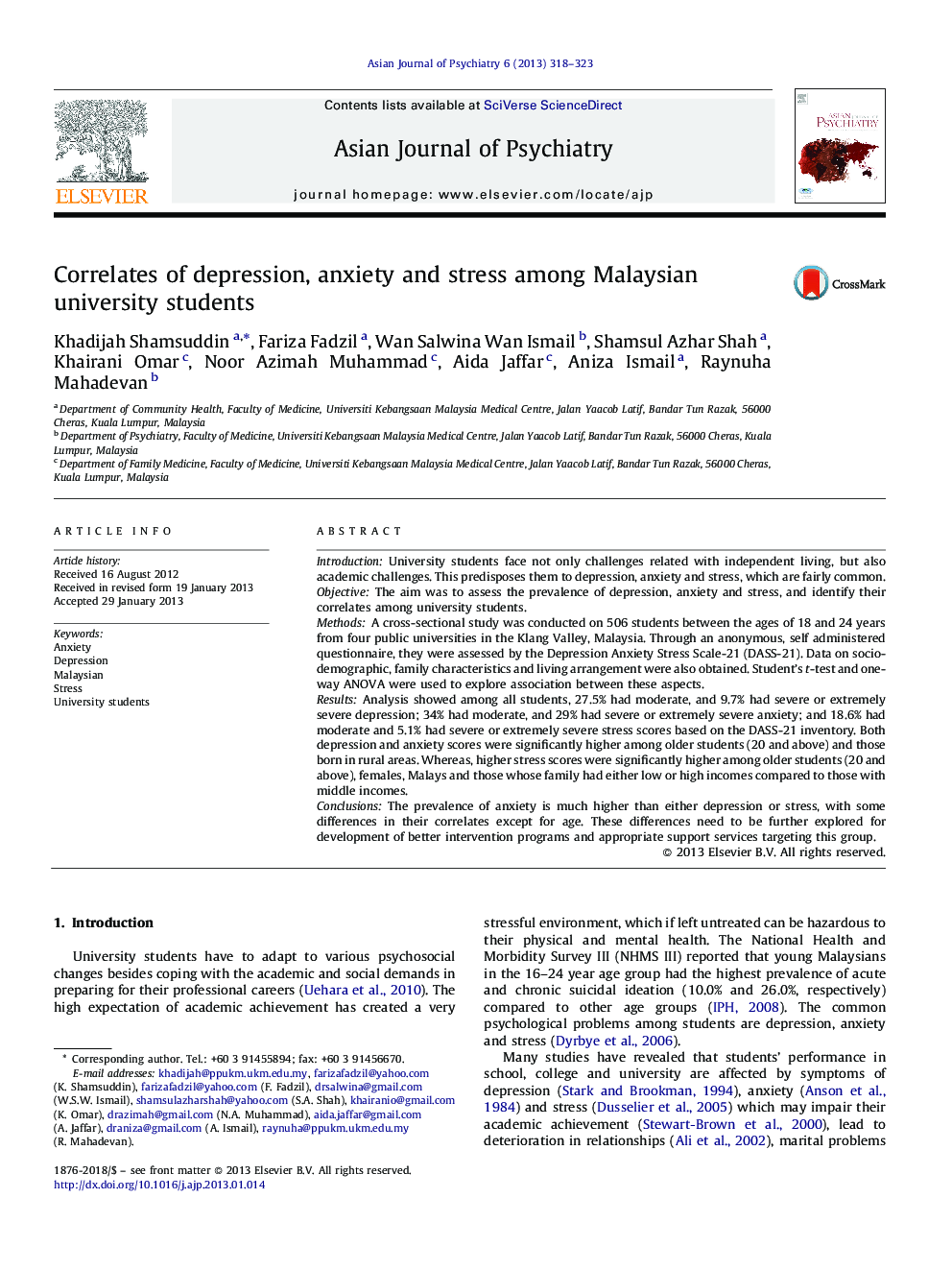 Correlates of depression, anxiety and stress among Malaysian university students